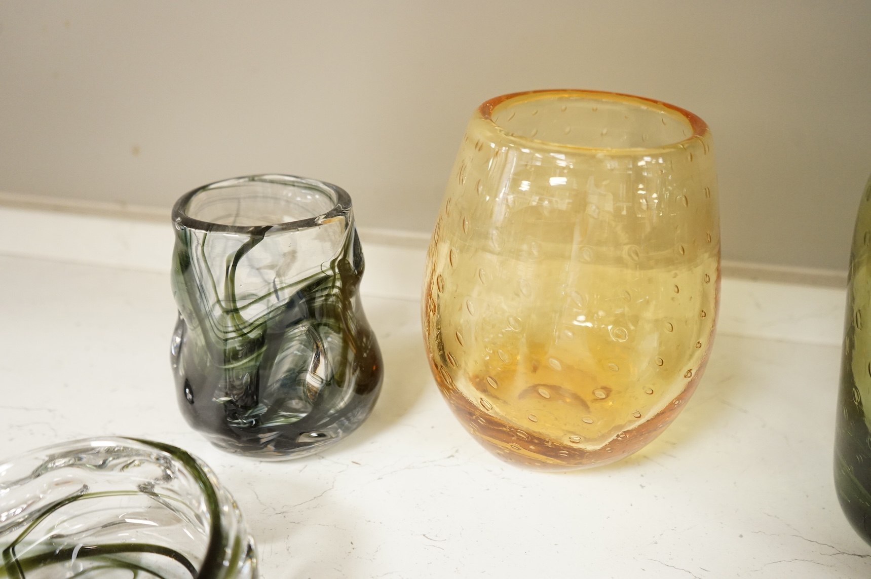 A collection of mixed coloured Whitefriars ‘Controlled Bubble’ and ‘Knobbly’ glassware, largest 37cm high (12)